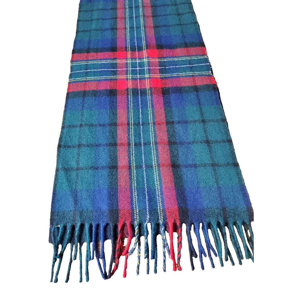 Vintage Eddie Bauer 100% Wool Scarf Fringe PLAID Blue Red Outdoor Holidays‎ Men